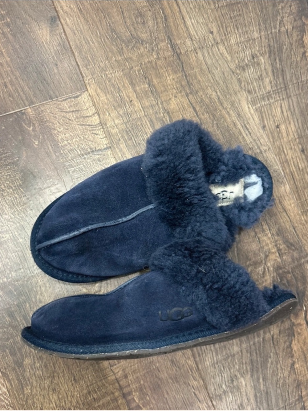 UGG Navy Suede Shearling Mule Slippers